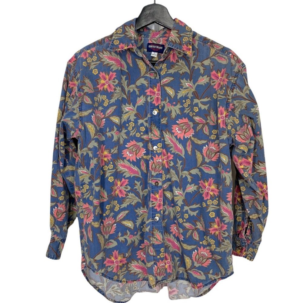 Vintage 90's GUESS Jeans USA Denim Floral Button Up Top 100% Cotton S Small